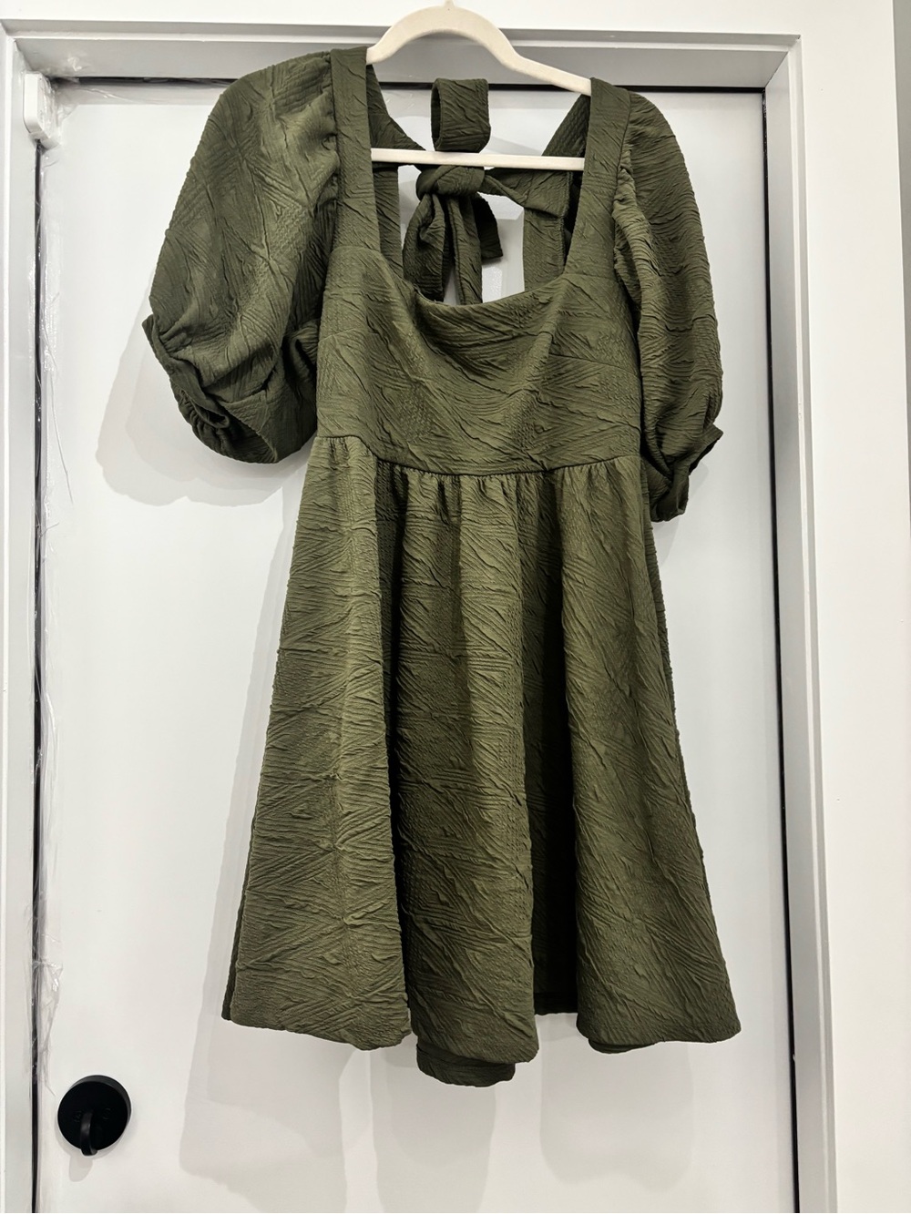 Free People Olive Green Textured Mini Dress Size Small Puff Sleeve Open Back